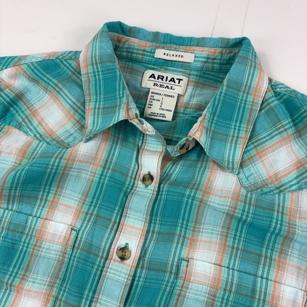 Ariat Shirt Womens L Blue Plaid Collared Long Sleeve Western Cotton Button-Up